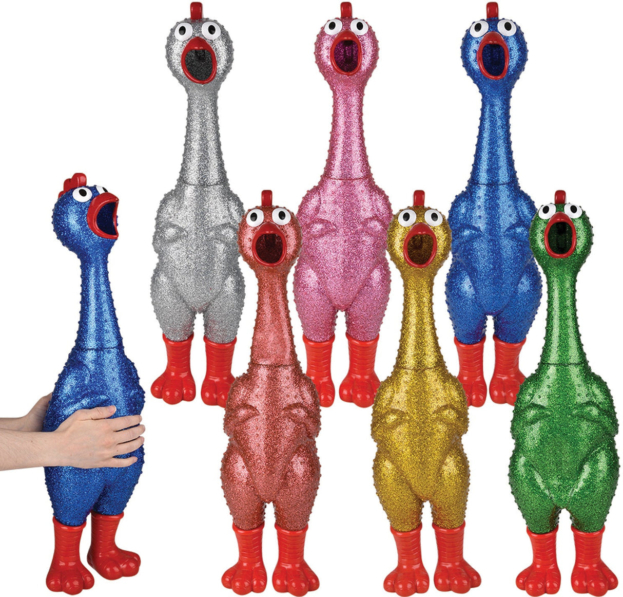 Set of colorful Giant Sparkle Rubber Chicken with open mouths on a white background