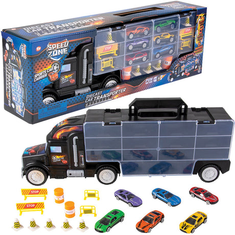 Toy truck carrier with diecast cars and accessories in packaging