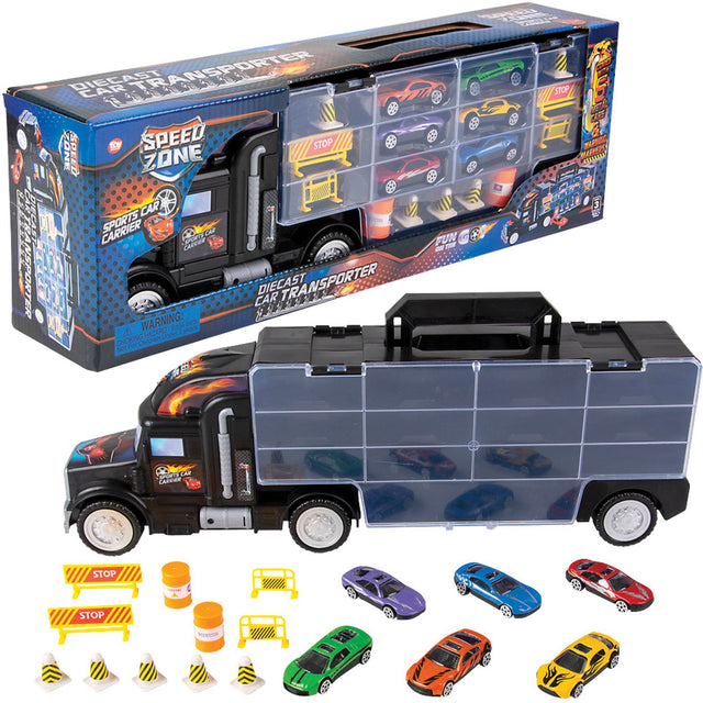 Toy truck carrier with diecast cars and accessories in packaging