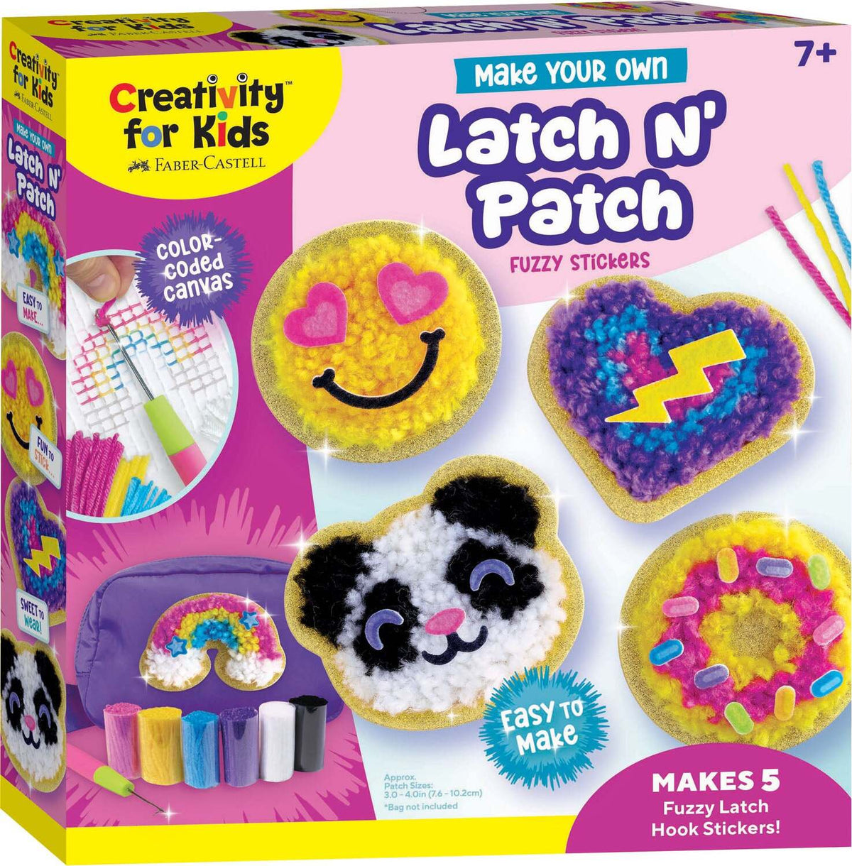 Creativity for Kids Latch N' Patch fuzzy stickers kit packaging with colorful designs and text.