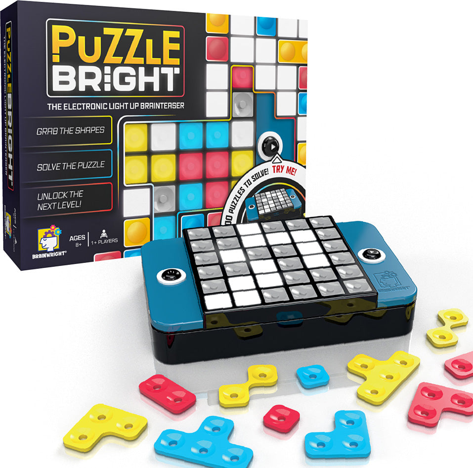 Puzzle Bright electronic light-up brain teaser with colorful puzzle pieces on a white background