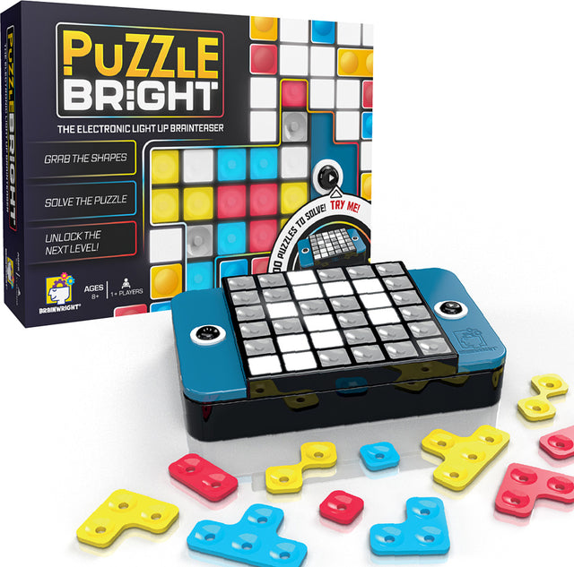Puzzle Bright electronic light-up brain teaser with colorful puzzle pieces on a white background
