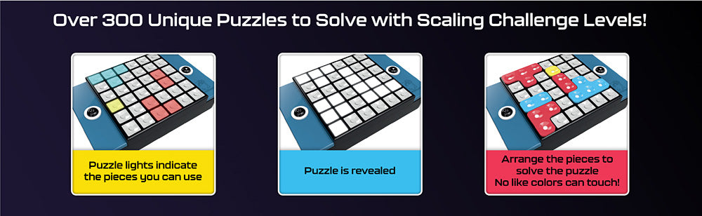 Puzzle Bright The Electronic Light Up Brainteaser with different pictures on a dark background, highlighting the puzzle-solving feature.