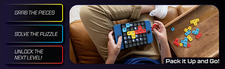 Person playing with a Puzzle Bright The Electronic Light Up Brainteaser game on a couch, with text instructions displayed.