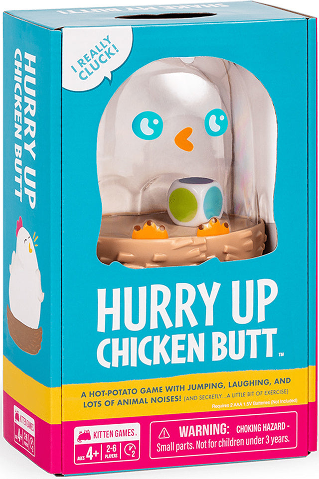 Box of 'Hurry Up Chicken Butt' game with colorful design and text.