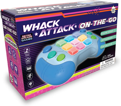 Box of 'Whack Attack On-The-Go' game controller with colorful buttons and retro design.