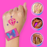 Temporary tattoos with a diamond and butterfly design on a hand, against a pink background.