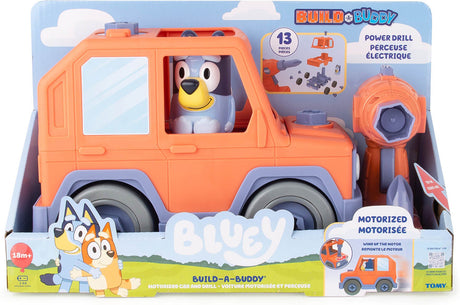 Toy Bluey Build-A-Buddy Motorized Car and Drill with a character inside, featuring a power drill attachment, on a blue background.