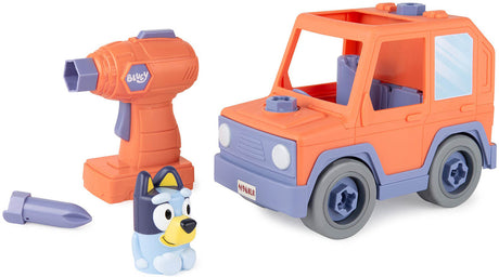 Toy Bluey Build-A-Buddy Motorized Car and Drill with a character figure and additional component on a white background