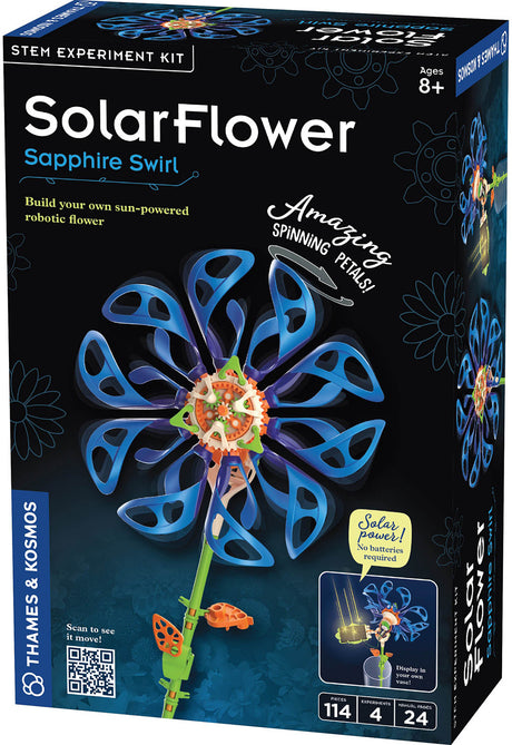 Solar Flower STEM experiment kit packaging with blue flower design on a black background