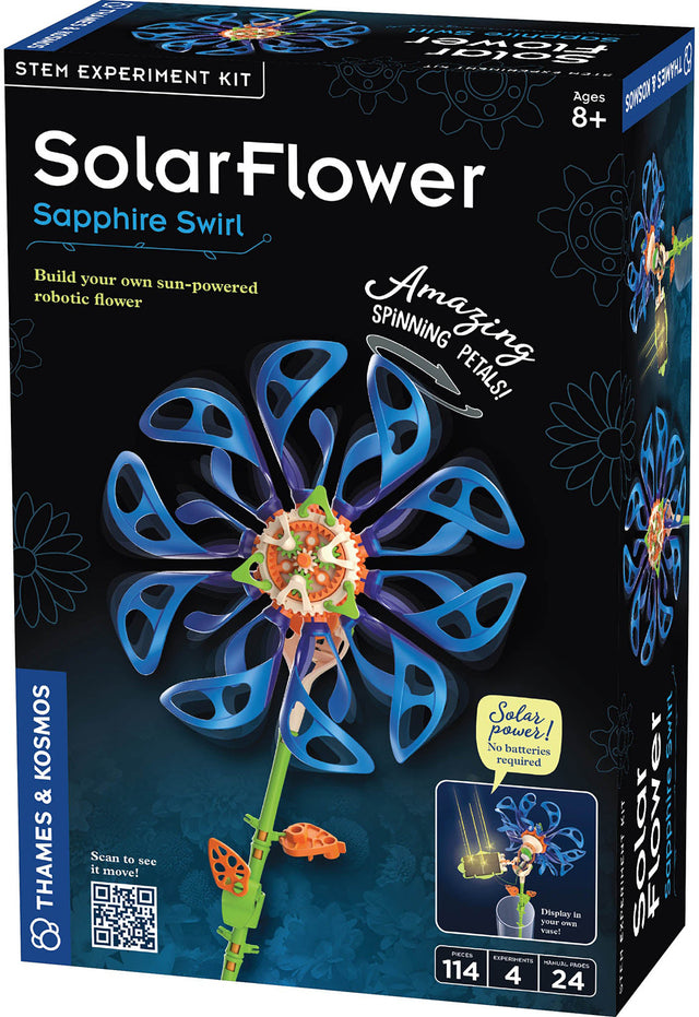 Solar Flower STEM experiment kit packaging with blue flower design on a black background