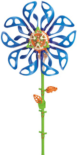 Colorful SolarFlower Sapphire Swirl with blue petals, green stem, and orange accents on a white background
