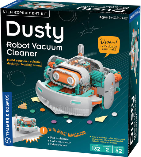 Box of Dusty Robot Vacuum Cleaner STEM experiment kit with toy robot illustration.