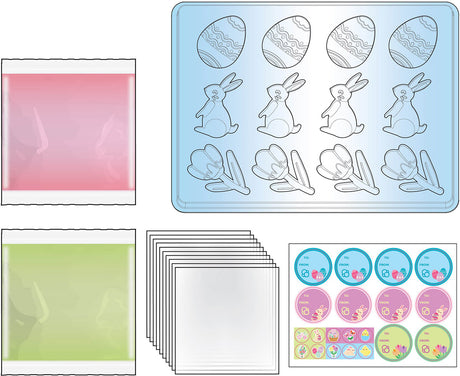 Tasty Labs: Gummy Candy Kit - Bunnies, Eggs & Tulips! Set of Easter-themed products including a mold, stickers, and paper sheets.