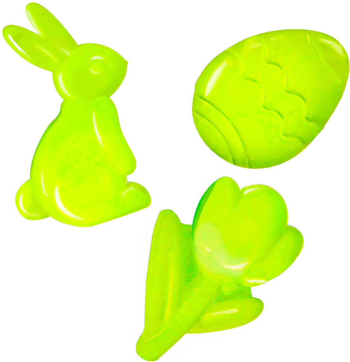 Tasty Labs: Gummy Candy Kit - Bunnies, Eggs & Tulips! Three green gummi candies shaped like a rabbit, a carrot, and a leaf on a white background