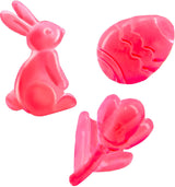 Tasty Labs: Gummy Candy Kit - Bunnies, Eggs & Tulips! Set of pink gummi candy bunny, tulip, and leaf molds on a white background