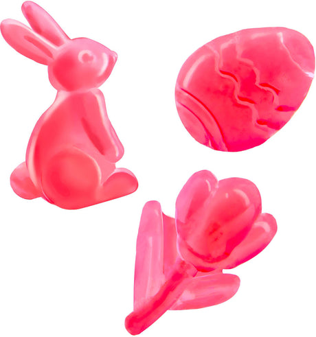 Tasty Labs: Gummy Candy Kit - Bunnies, Eggs & Tulips! Set of pink gummi candy bunny, tulip, and leaf molds on a white background