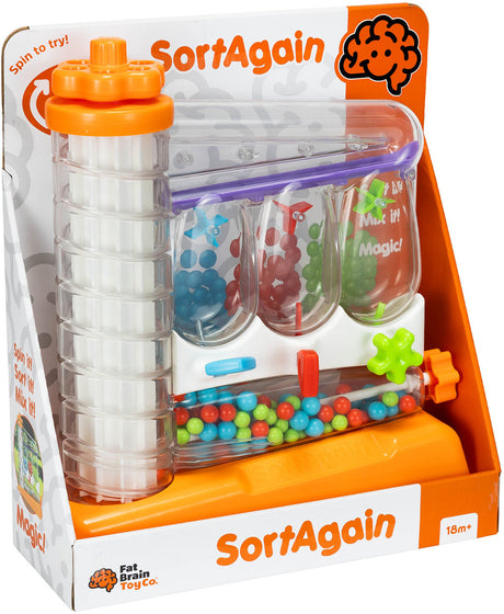 SortAgain toy packaging with colorful components and orange accents