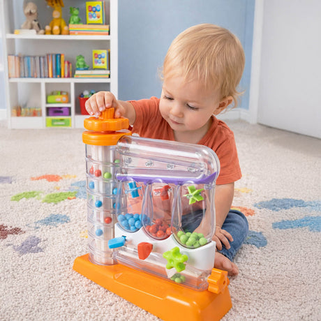 Child playing with a colorful SortAgain toy on a carpeted floor.
