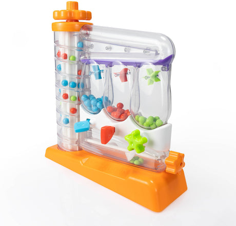Colorful SortAgain toy with clear chambers and orange base on a white background
