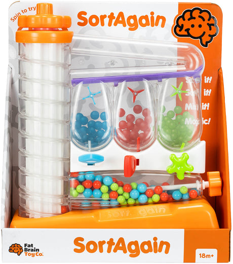 SortAgain educational toy packaging with colorful beads and sorting mechanism.