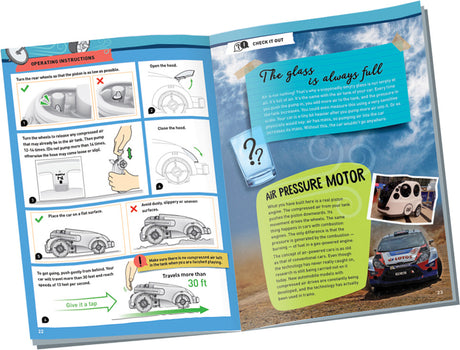 Open book with educational content about air pressure motors and vehicle operations.