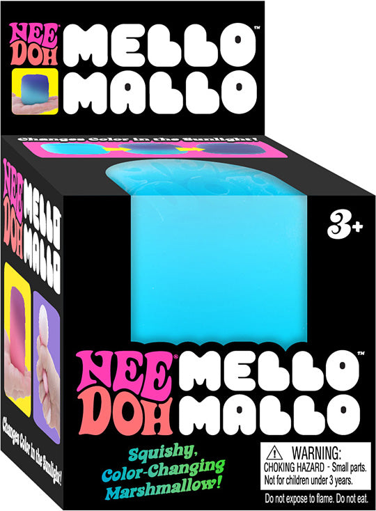Box of Blue Nee Doh Mello Mallo color-changing marshmallow with warning label.