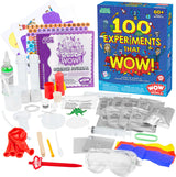 Science experiment kit with materials and '100 Experiments That Wow' box on a white background