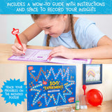 Child conducting an experiment with a science kit, including a poster and materials that are included in Wow in the World: 100 Experiments That WOW! on a table.
