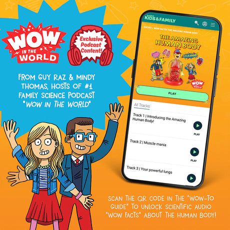 Promotional graphic for 'Wow in the World' podcast with cartoon characters and smartphone displaying podcast interface.