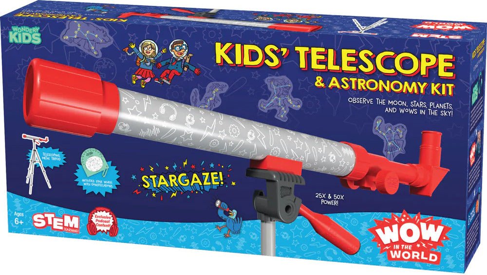 Box of Kids' Telescope & Astronomy Kit with red and silver telescope on blue background