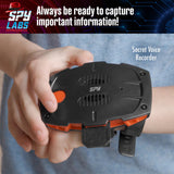 Hand holding a black and orange secret voice recorder with Spy Labs branding.