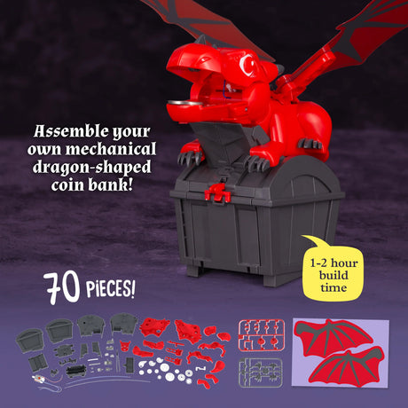Red dragon-shaped coin bank with building pieces on a dark background