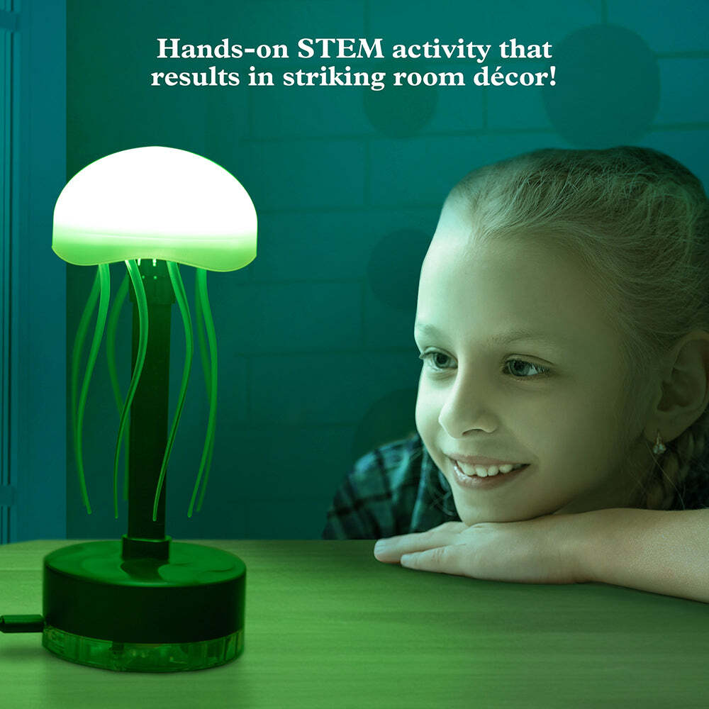 Child looking at a Robotic Jellyfish Night Light with text about a hands-on STEM activity.