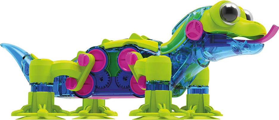 Toy Geckobot 2.0 with green, blue, and pink colors on a white background