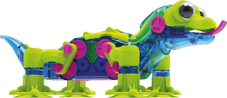 Toy Geckobot 2.0 with green, blue, and pink colors on a white background