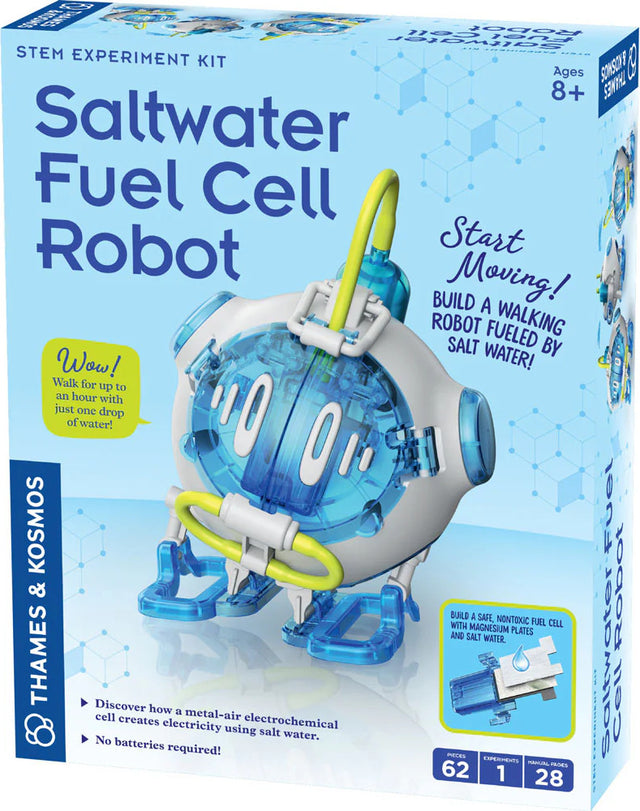 Saltwater Fuel Cell Robot STEM experiment kit packaging with robot illustration and text.