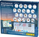 Box for a mechanical engineering kit with various models and components on a blue background