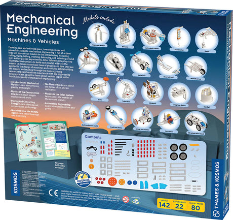 Box for a mechanical engineering kit with various models and components on a blue background