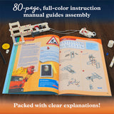 Open manual with toy assembly pieces on a wooden surface, highlighting clear explanations and assembly guide for Mechanical Engineering: Machines & Vehicles.