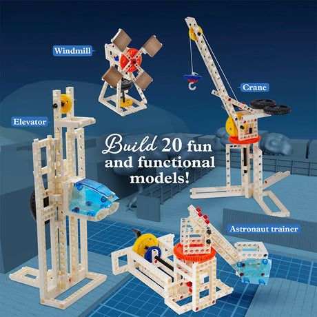 Mechanical Engineering: Machines & Vehicles with labeled components including windmill, crane, elevator, and astronaut trainer on a blue grid background.