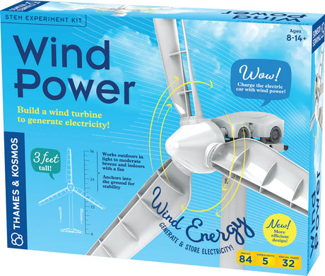 Box of a 'Wind Power' STEM experiment kit with a wind turbine model on a blue background.
