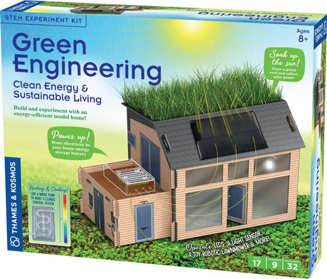 Box for a 'Green Engineering' STEM experiment kit with a model house and solar panels.