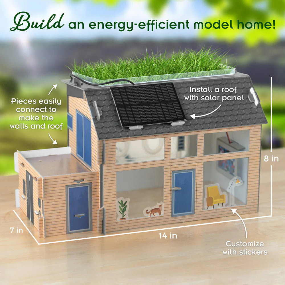 Green Engineering Clean Energy and Sustainable Living model of a house with solar panel on roof, grass on top, and measurements indicated.