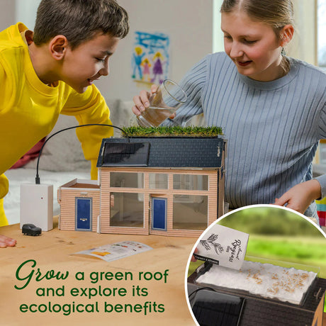 Two children with a Green Engineering Clean Energy and Sustainable Living house featuring a green roof, exploring ecological benefits.
