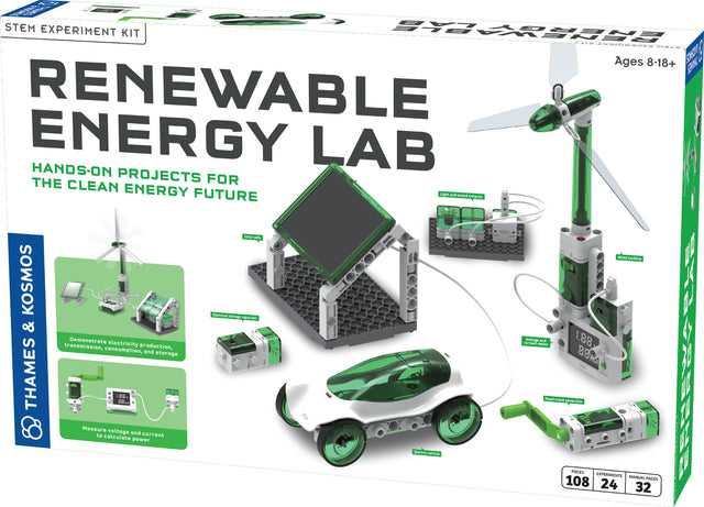 Renewable Energy Lab STEM experiment kit packaging with various components on a white background
