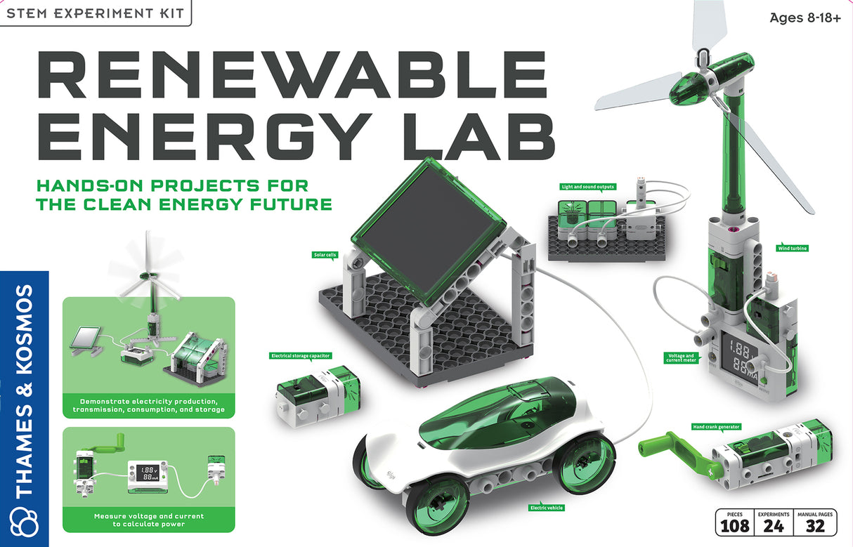 Renewable Energy Lab STEM experiment kit with green and gray components on a white background.