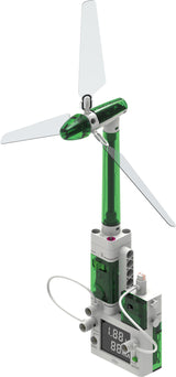Model wind turbine with digital display from the Renewable Energy Lab on a white background
