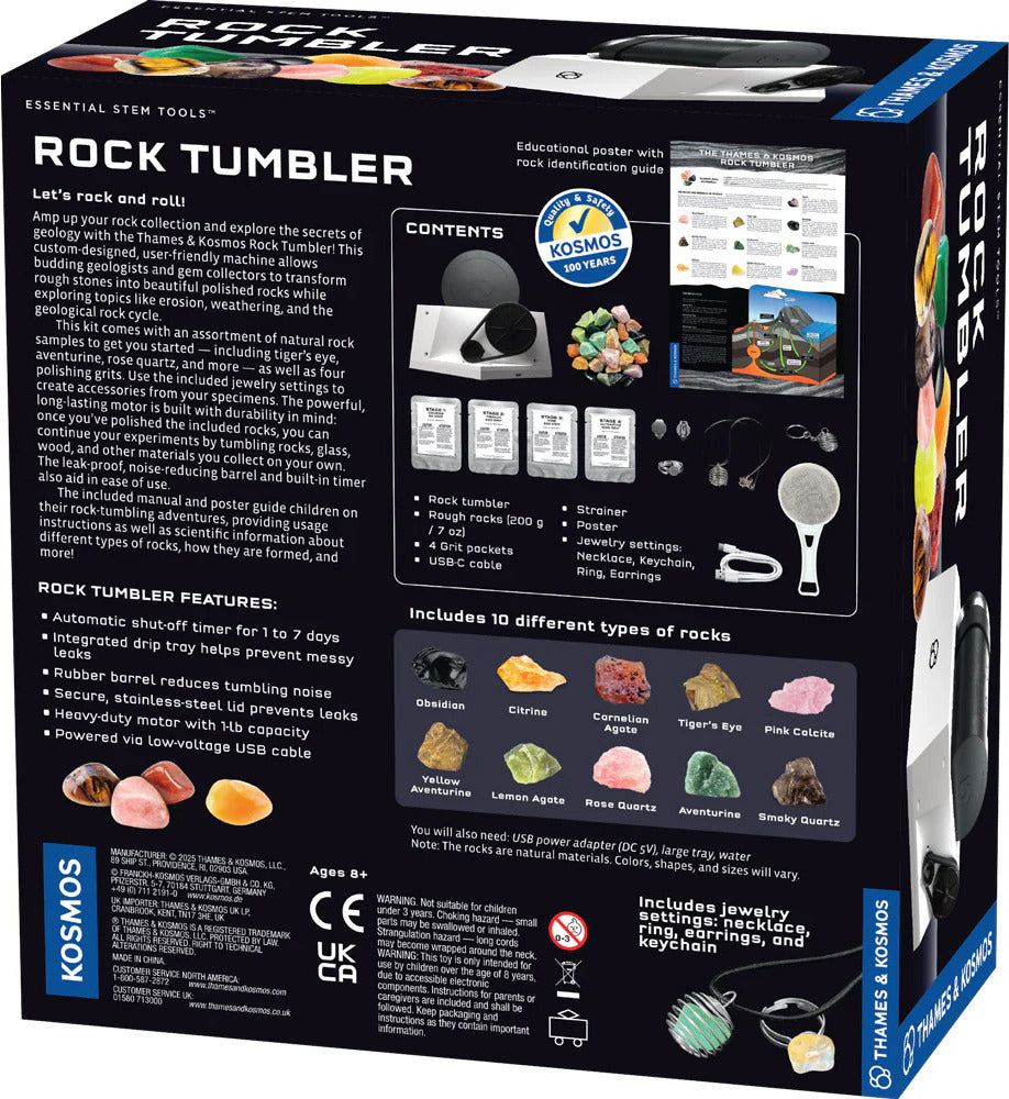 Box of The Thames & Kosmos Rock Tumbler set with various features and contents listed.