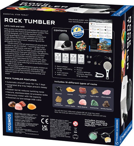 Box of The Thames & Kosmos Rock Tumbler set with various features and contents listed.